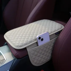 Upgraded Leather Car Center Console Cushion Armrest Cover with 2 Storage Bags for Cars SUVs CUVs Interior Accessories Universal (Beige)