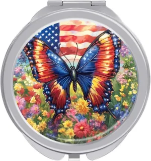 U.S Flag Butterfly Flower Compact Makeup Mirror Mini Foldable Cosmetic Mirror Portable Travel Mirror for Purse Pocket