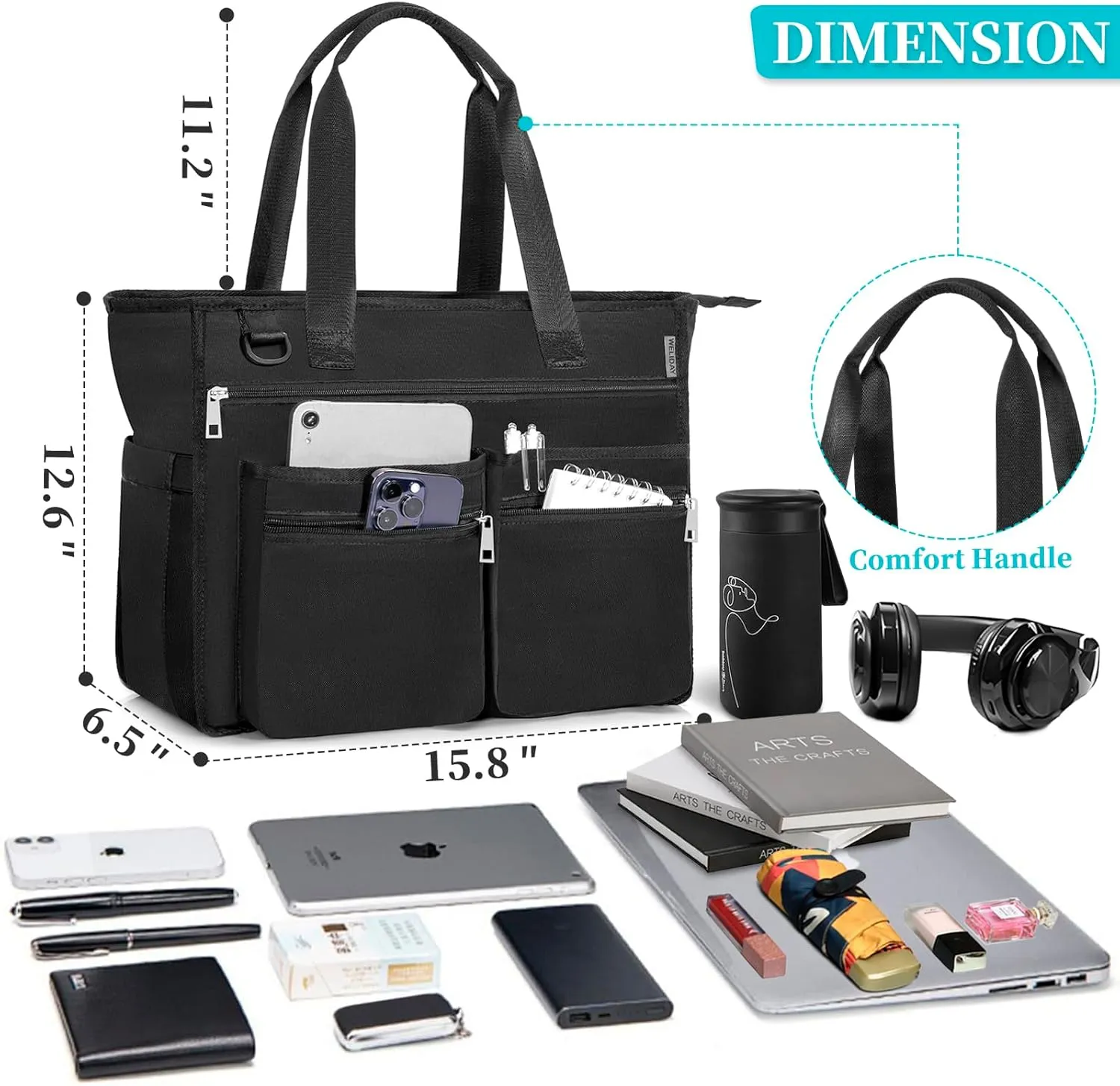 Utility Tote Bag For Women, Teacher Shoulder Bag with Multiple Pockets, Laptop Handbag with Zipper for Gym, Work