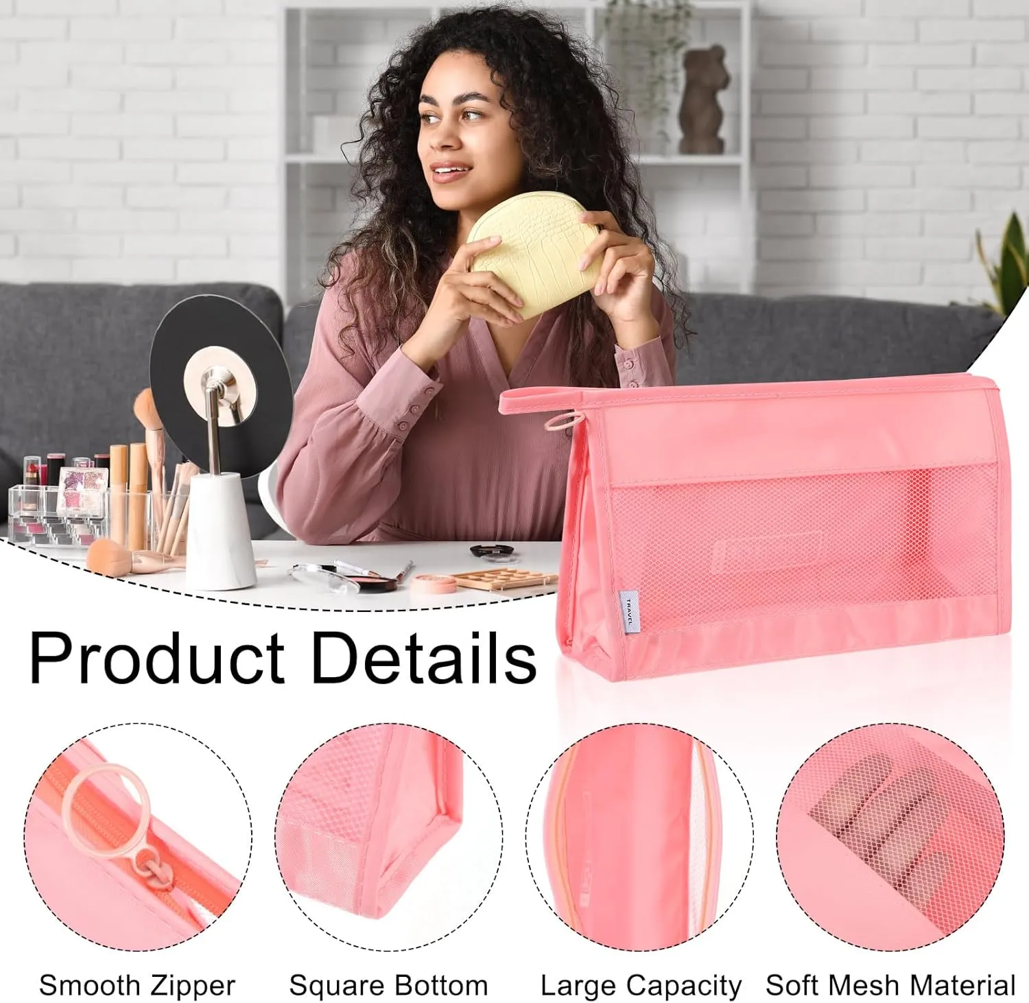 uxcell Mesh Makeup Bag, Large Capacity Travel Zipper Cosmetic Bags, Beach Mesh Toiletry Pouches Purse Storage Organizer for Women Girls, Pink