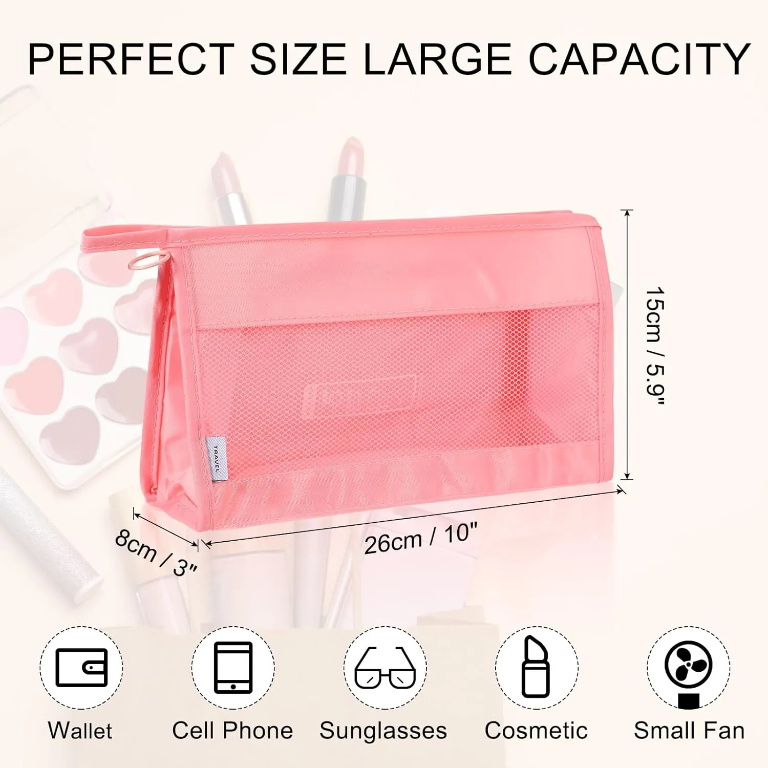 uxcell Mesh Makeup Bag, Large Capacity Travel Zipper Cosmetic Bags, Beach Mesh Toiletry Pouches Purse Storage Organizer for Women Girls, Pink