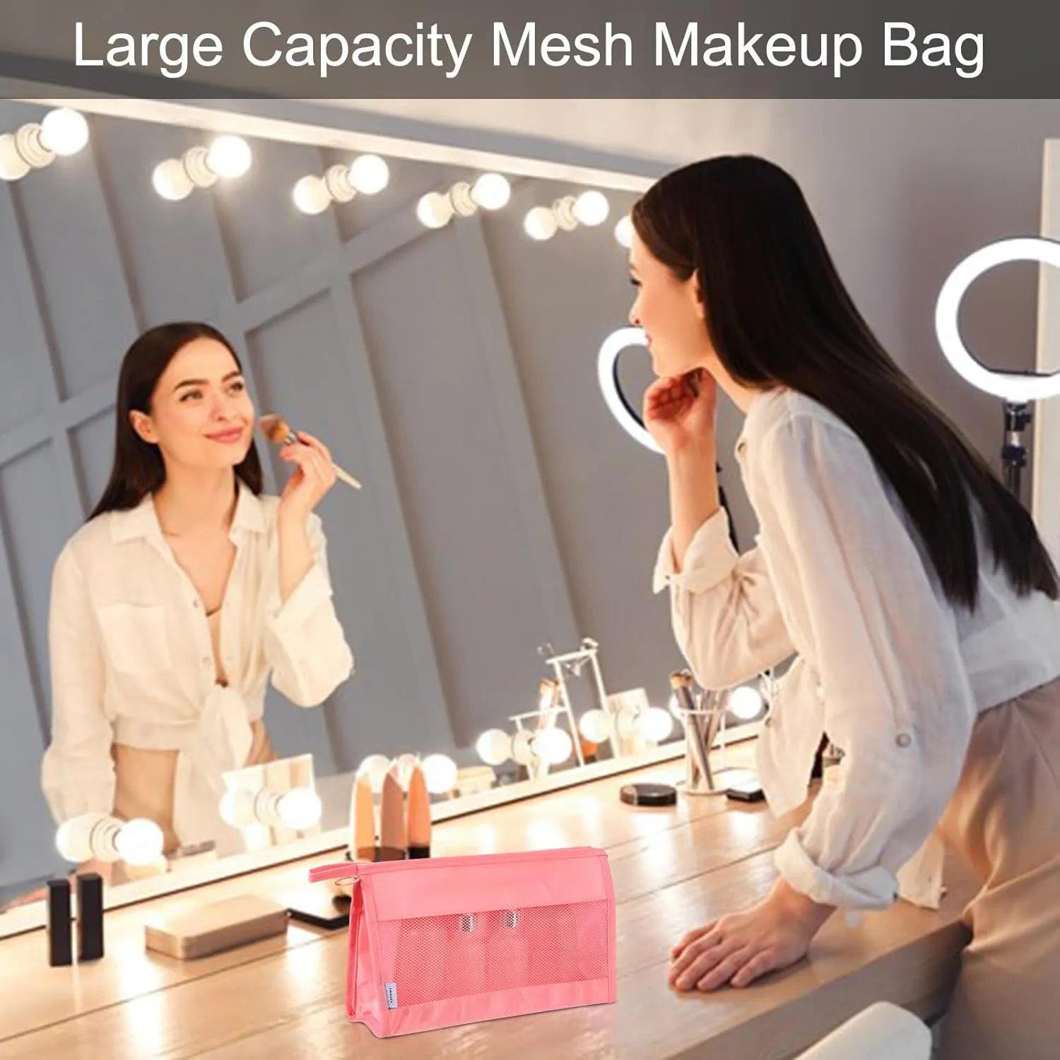 uxcell Mesh Makeup Bag, Large Capacity Travel Zipper Cosmetic Bags, Beach Mesh Toiletry Pouches Purse Storage Organizer for Women Girls, Pink