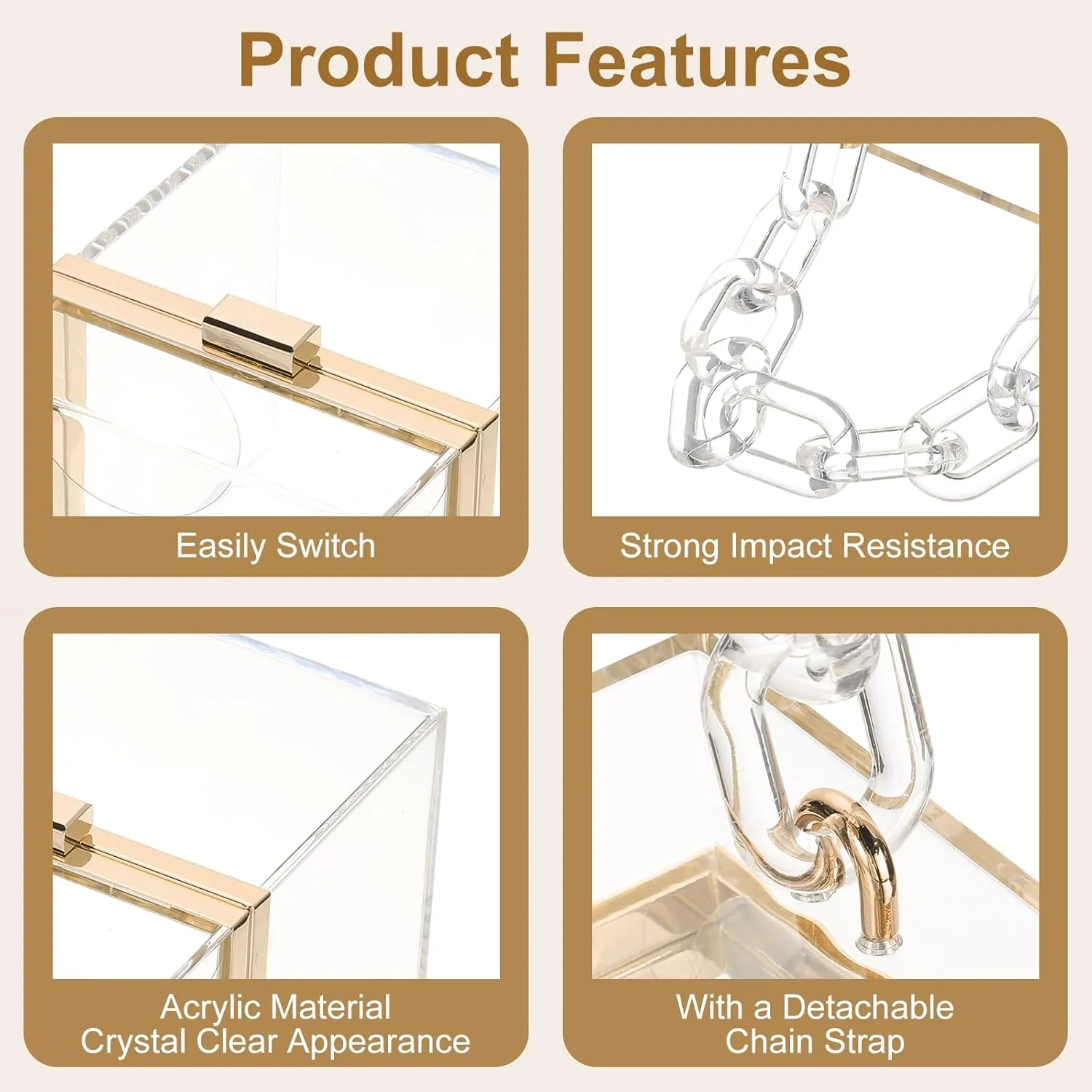 uxcell Women Acrylic Clear Clutch Purses Square Evening Handbag Box Purse for Wedding Prom Party, Transparent/Gold