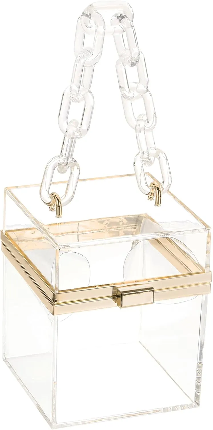 uxcell Women Acrylic Clear Clutch Purses Square Evening Handbag Box Purse for Wedding Prom Party, Transparent/Gold