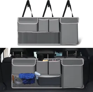 UYYE Trunk Hanging Organizer, Backseat Storage Bag, Collapsible Car Interior Accessories with 4 Pockets & 2 Mesh Pouches for Tools, Provide More Storage Trunk Space for SUV, Jeep, MPVs (Grey)