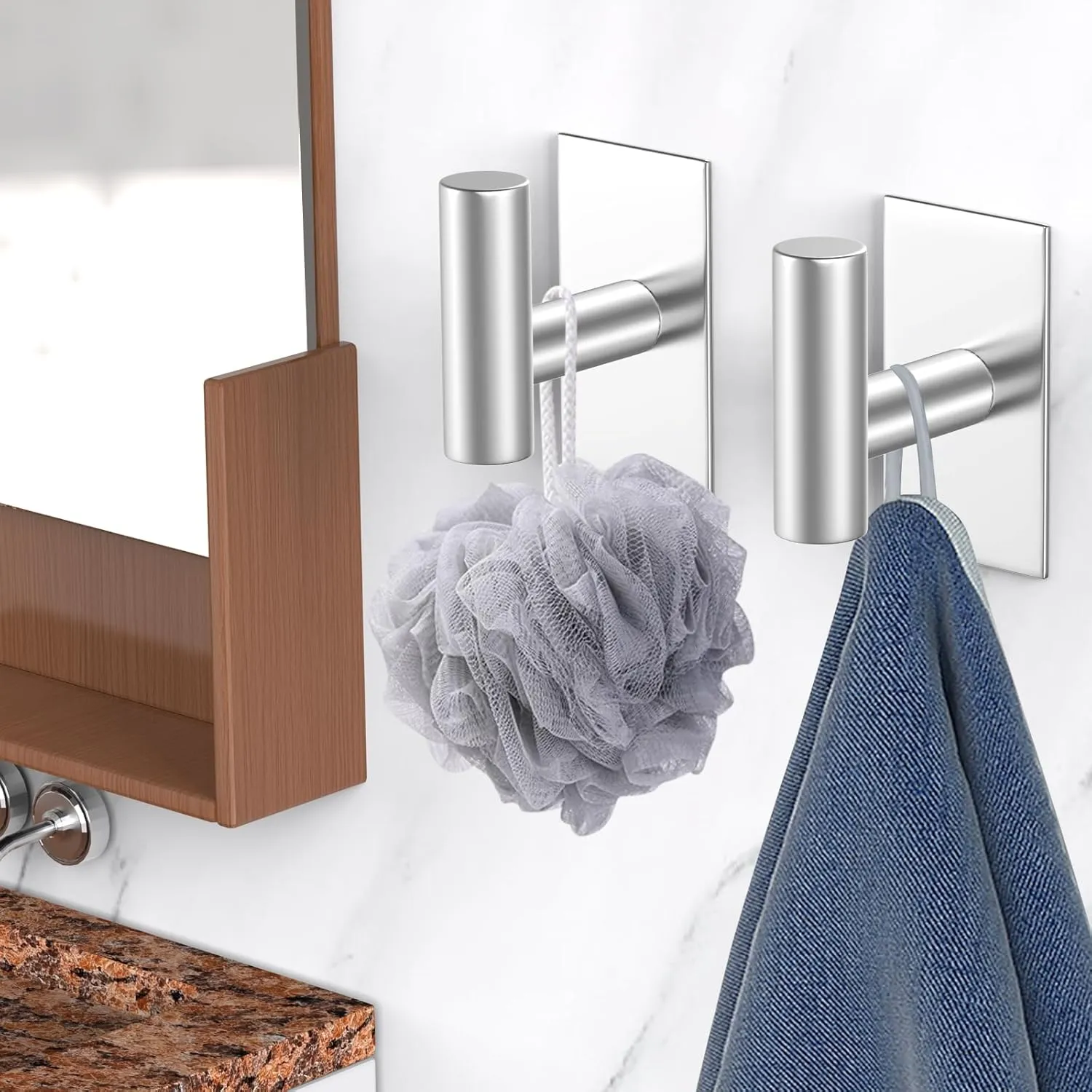 VAEHOLD Wall Towel Hooks, Heavy Duty Sticky Holder Waterproof Towel Hooks for Hanging Coat, Clothes, Closet Hook Wall Mount for Kitchen (Silver, Adhesive 4 Pack)