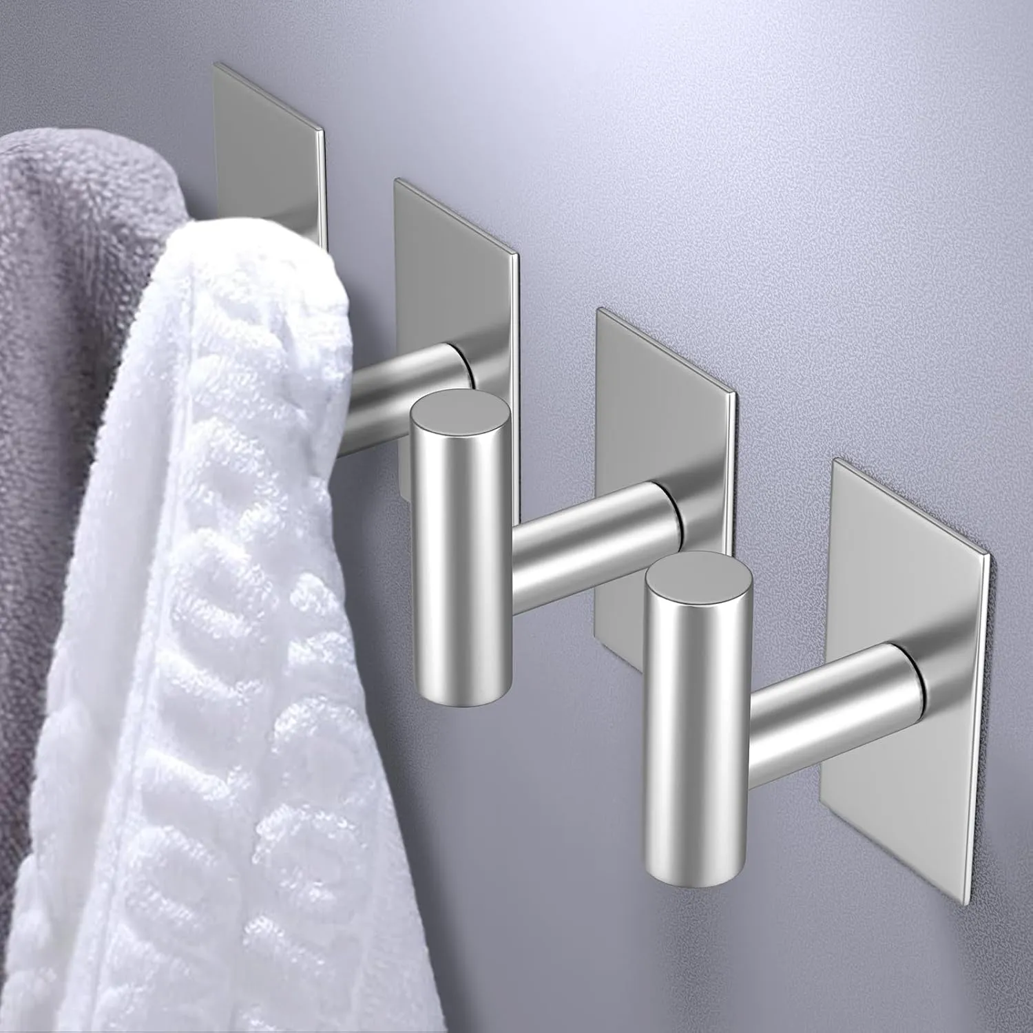 VAEHOLD Wall Towel Hooks, Heavy Duty Sticky Holder Waterproof Towel Hooks for Hanging Coat, Clothes, Closet Hook Wall Mount for Kitchen (Silver, Adhesive 4 Pack)