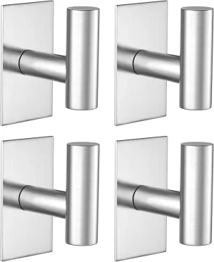 VAEHOLD Wall Towel Hooks, Heavy Duty Sticky Holder Waterproof Towel Hooks for Hanging Coat, Clothes, Closet Hook Wall Mount for Kitchen (Silver, Adhesive 4 Pack)