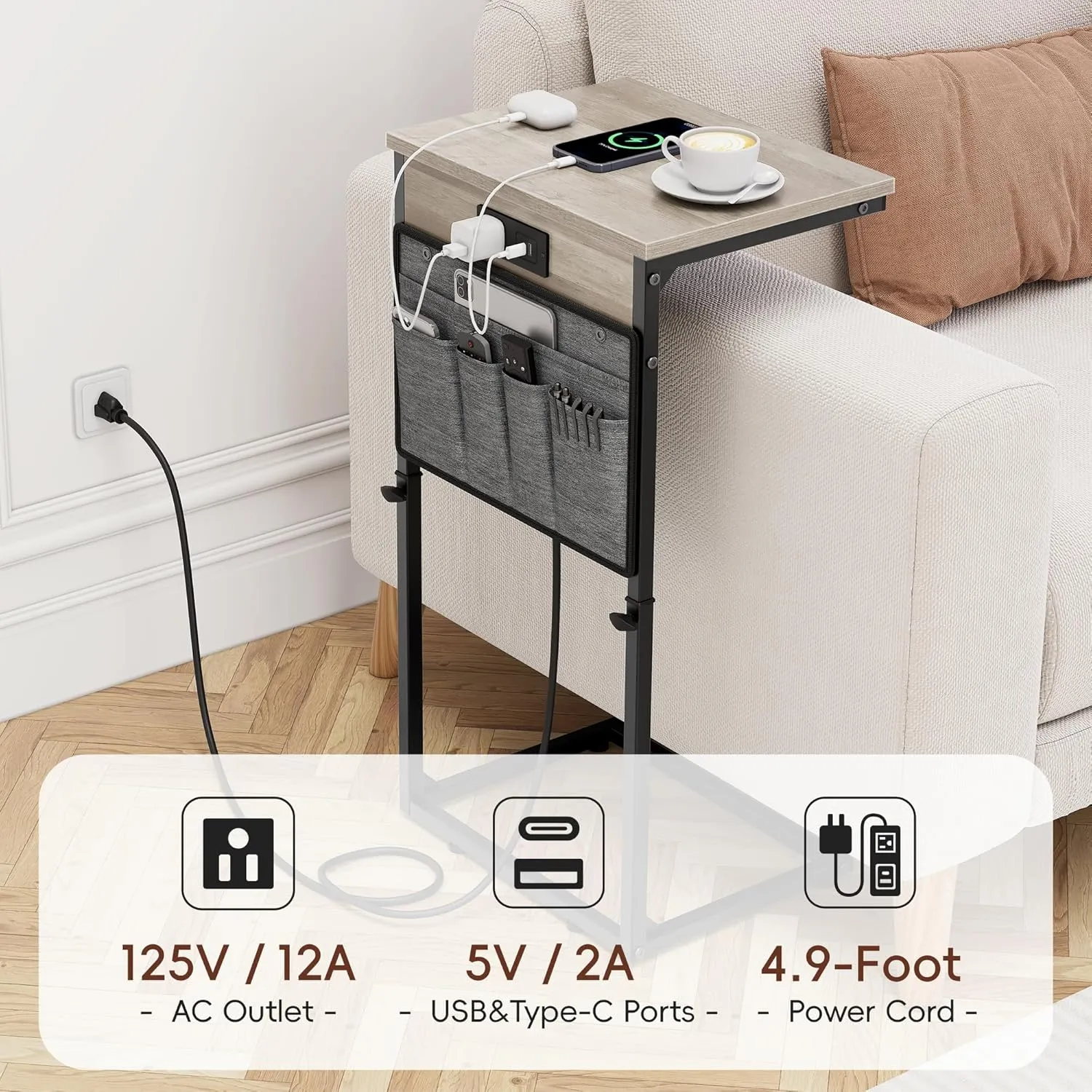 Vagusicc C Shaped End Table with Charging Station, 33" Tall Side Table for Couch, C Table Adjustable Height Small Couch Side Table, Slide Under Sofa Table TV Tray Arm Table for Living Room, Greige
