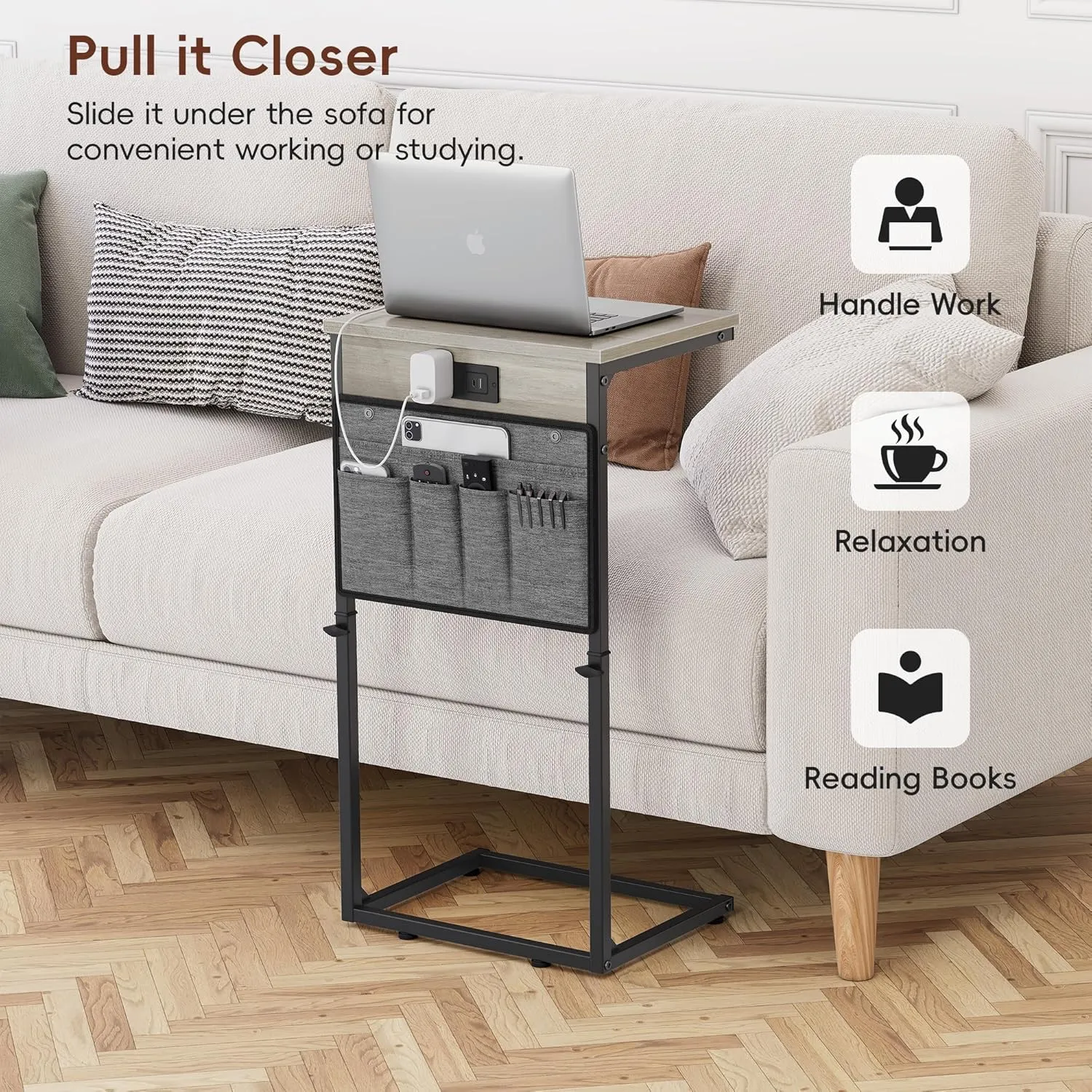 Vagusicc C Shaped End Table with Charging Station, 33" Tall Side Table for Couch, C Table Adjustable Height Small Couch Side Table, Slide Under Sofa Table TV Tray Arm Table for Living Room, Greige