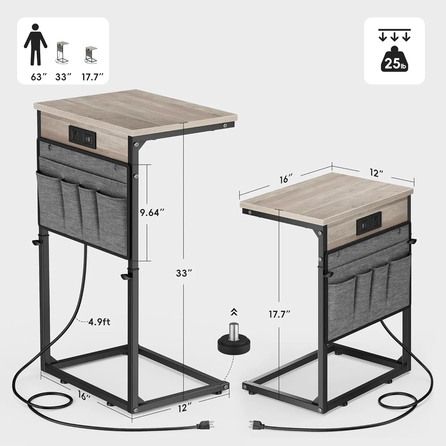 Vagusicc C Shaped End Table with Charging Station, 33" Tall Side Table for Couch, C Table Adjustable Height Small Couch Side Table, Slide Under Sofa Table TV Tray Arm Table for Living Room, Greige