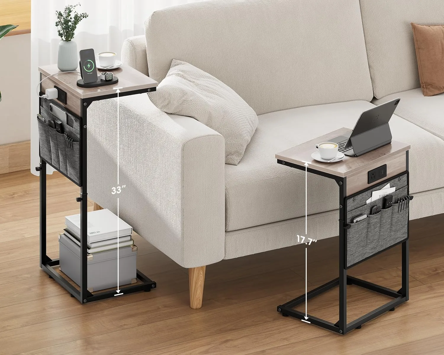 Vagusicc C Shaped End Table with Charging Station, 33" Tall Side Table for Couch, C Table Adjustable Height Small Couch Side Table, Slide Under Sofa Table TV Tray Arm Table for Living Room, Greige