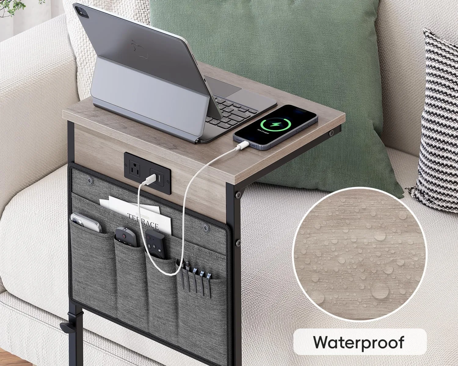 Vagusicc C Shaped End Table with Charging Station, 33" Tall Side Table for Couch, C Table Adjustable Height Small Couch Side Table, Slide Under Sofa Table TV Tray Arm Table for Living Room, Greige