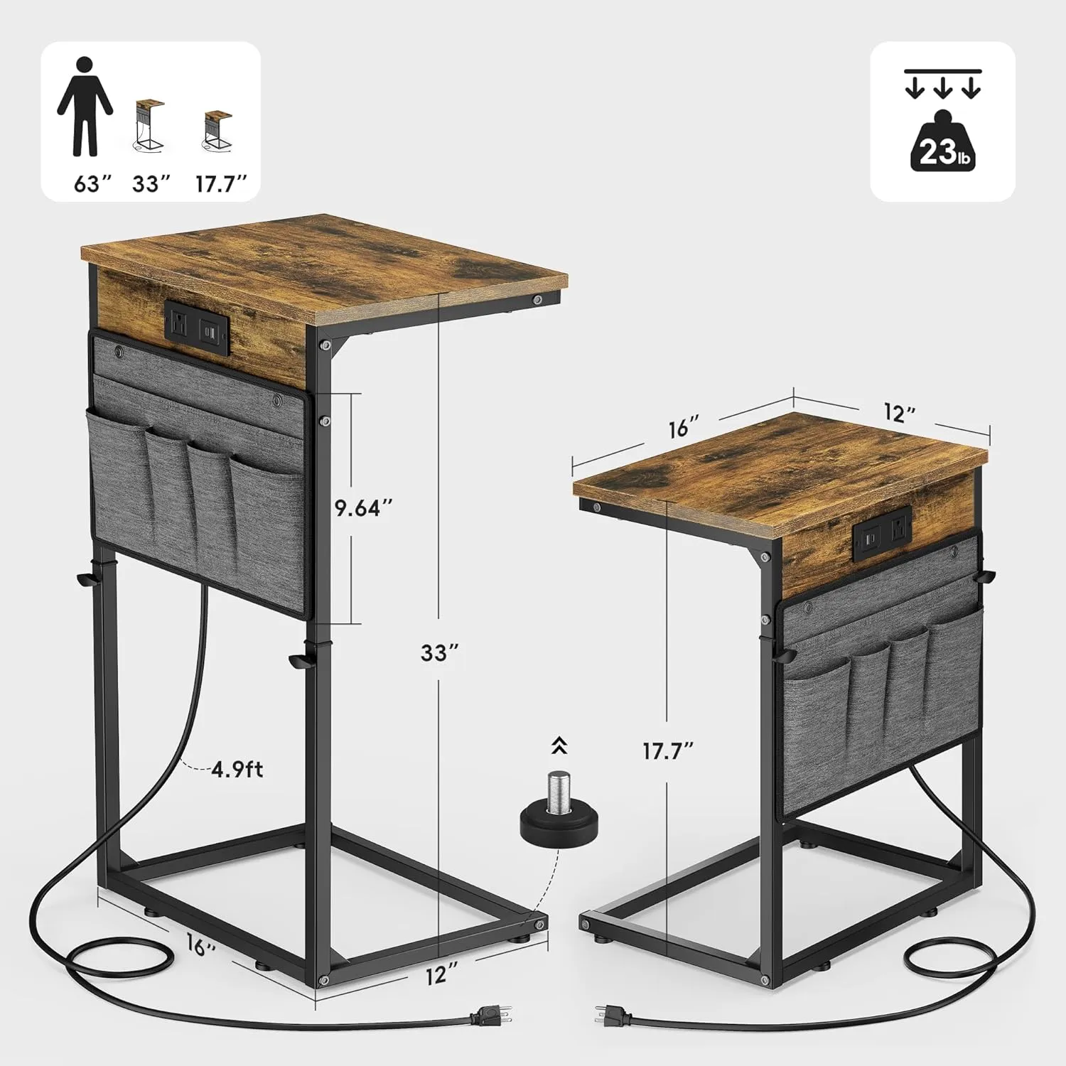 Vagusicc C Shaped End Table with Charging Station, 33" Tall Side Table for Couch, Sofa Table Adjustable Height Small Couch Side C Table, Slide Under Sofa Tray Arm Table for Living Room, Bedroom, Brown
