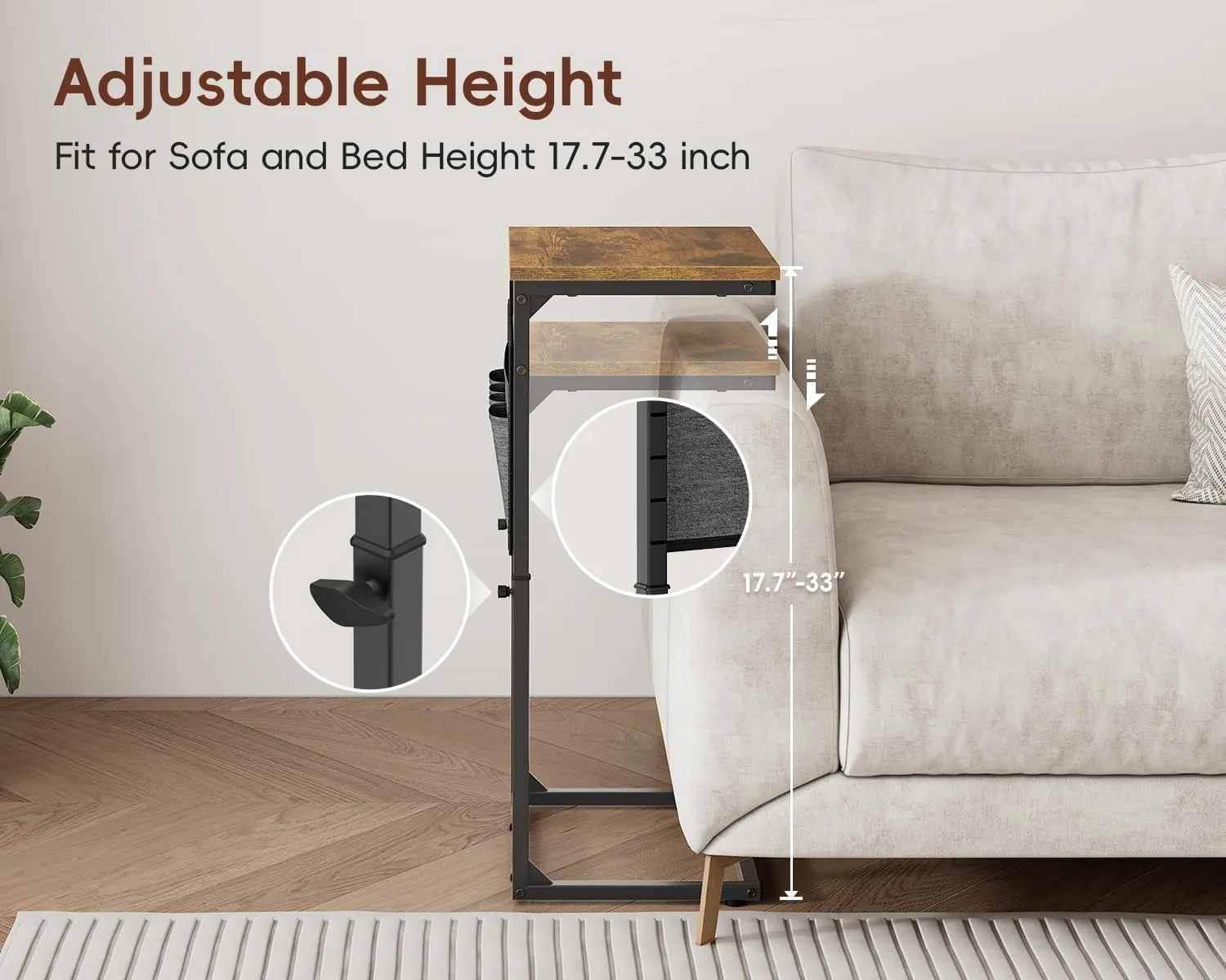 Vagusicc C Shaped End Table with Charging Station, 33" Tall Side Table for Couch, Sofa Table Adjustable Height Small Couch Side C Table, Slide Under Sofa Tray Arm Table for Living Room, Bedroom, Brown