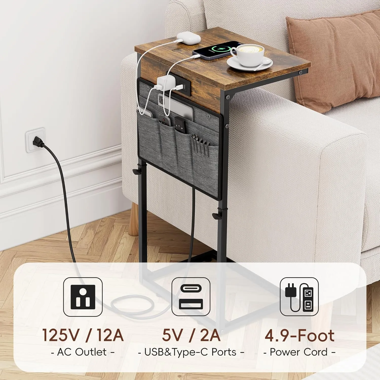 Vagusicc C Shaped End Table with Charging Station, 33" Tall Side Table for Couch, Sofa Table Adjustable Height Small Couch Side C Table, Slide Under Sofa Tray Arm Table for Living Room, Bedroom, Brown