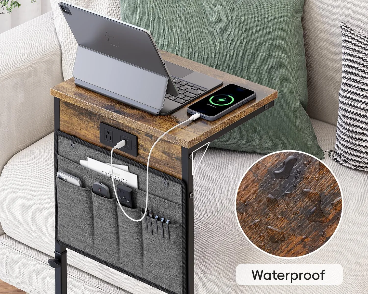 Vagusicc C Shaped End Table with Charging Station, 33" Tall Side Table for Couch, Sofa Table Adjustable Height Small Couch Side C Table, Slide Under Sofa Tray Arm Table for Living Room, Bedroom, Brown