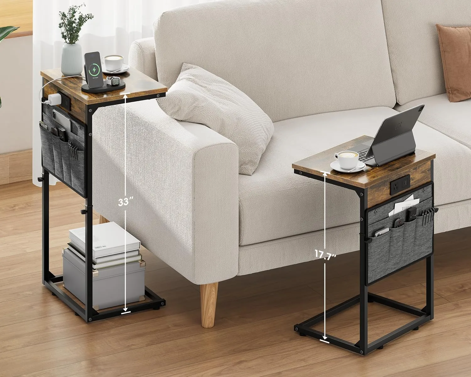 Vagusicc C Shaped End Table with Charging Station, 33" Tall Side Table for Couch, Sofa Table Adjustable Height Small Couch Side C Table, Slide Under Sofa Tray Arm Table for Living Room, Bedroom, Brown