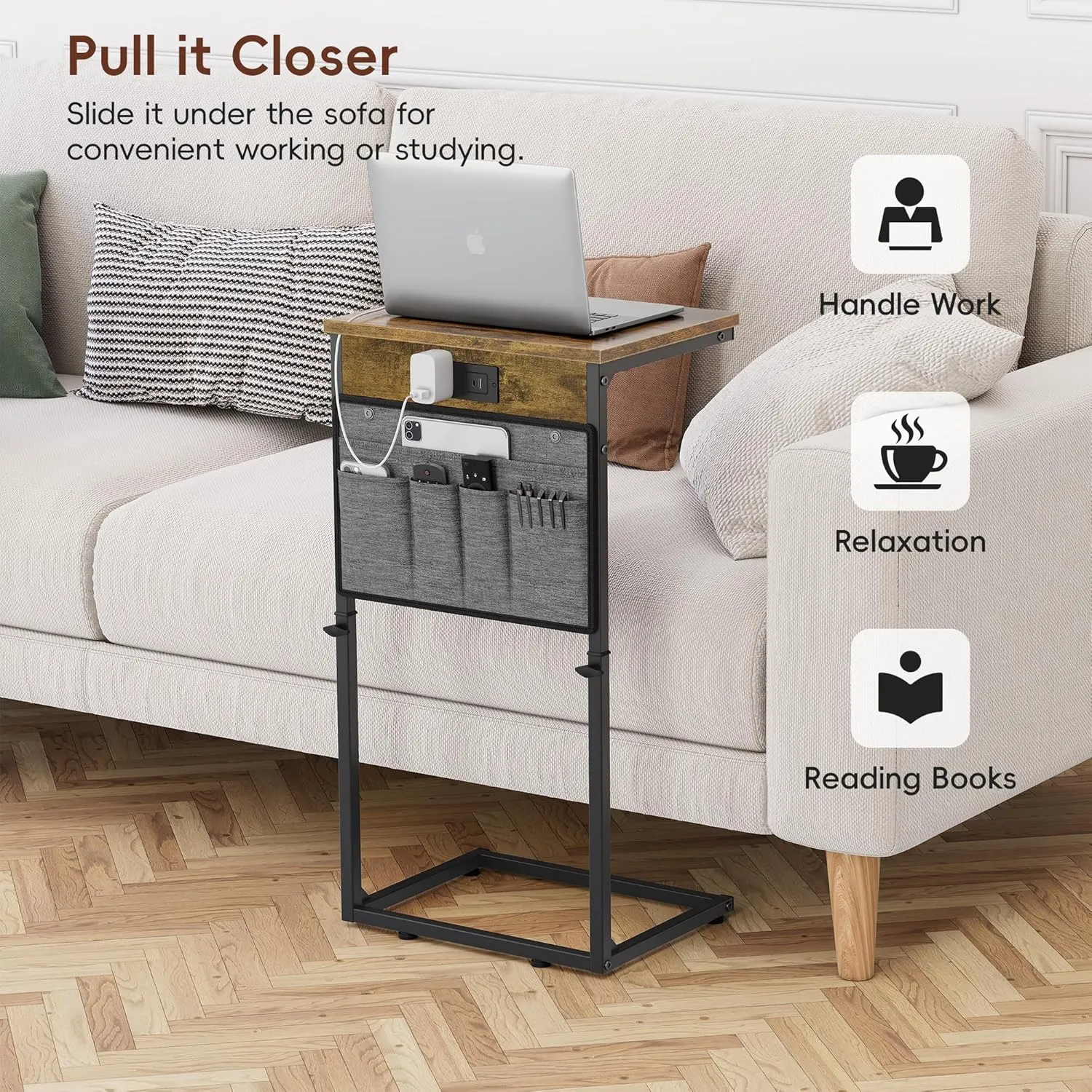 Vagusicc C Shaped End Table with Charging Station, 33" Tall Side Table for Couch, Sofa Table Adjustable Height Small Couch Side C Table, Slide Under Sofa Tray Arm Table for Living Room, Bedroom, Brown