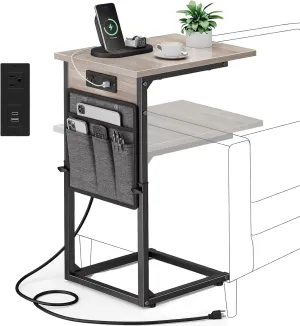 VAGUSICC C Shaped End Table with Charging Station, Adjustable Height Side Table for Couch Recliner, Small Sofa Table with Storage Bag, Slide Under Sofa TV Tray Arm Table for Living Room, Bedroom, Gray