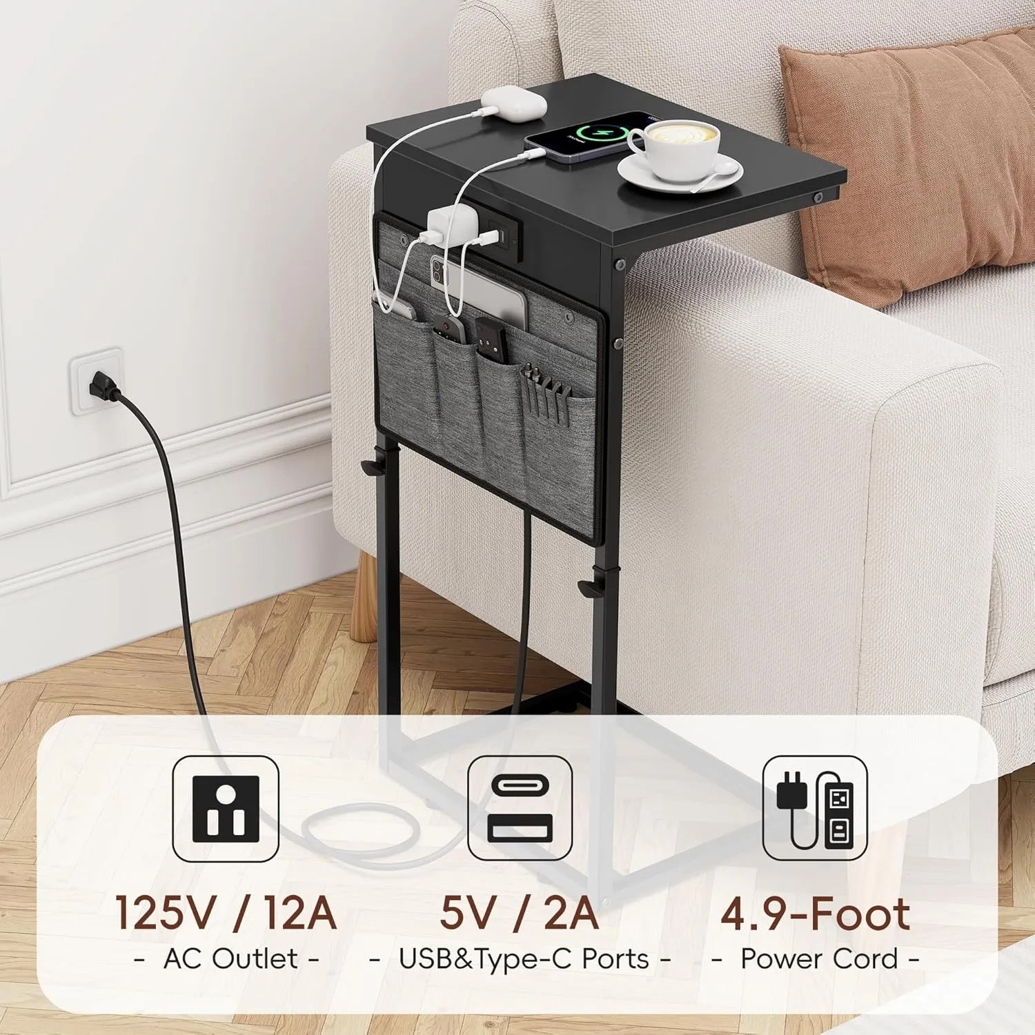 Vagusicc C Shaped End Table with Charging Station, Adjustable Height Side Table for Couch, Small Sofa Table Laptop Couch Desk, Slide Under Sofa TV Tray Tall Arm C Tables for Living Room Bedroom, Black
