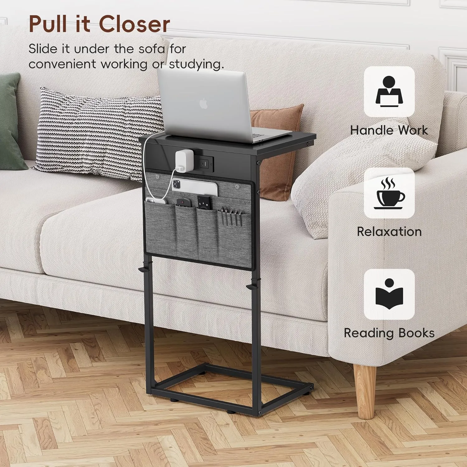 Vagusicc C Shaped End Table with Charging Station, Adjustable Height Side Table for Couch, Small Sofa Table Laptop Couch Desk, Slide Under Sofa TV Tray Tall Arm C Tables for Living Room Bedroom, Black