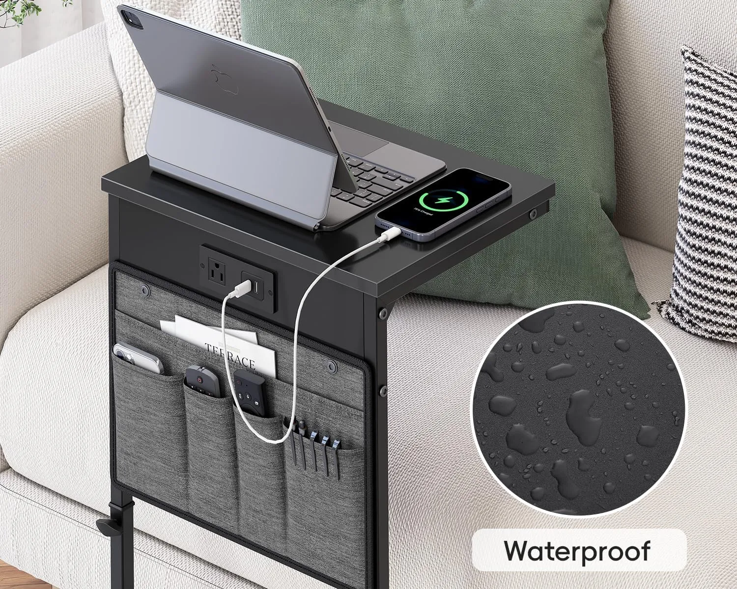 Vagusicc C Shaped End Table with Charging Station, Adjustable Height Side Table for Couch, Small Sofa Table Laptop Couch Desk, Slide Under Sofa TV Tray Tall Arm C Tables for Living Room Bedroom, Black