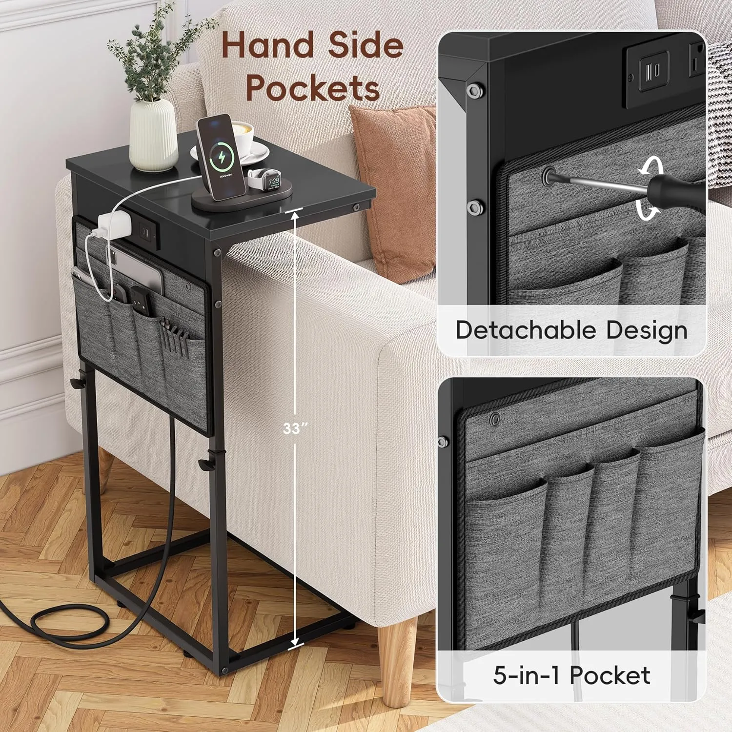 Vagusicc C Shaped End Table with Charging Station, Adjustable Height Side Table for Couch, Small Sofa Table Laptop Couch Desk, Slide Under Sofa TV Tray Tall Arm C Tables for Living Room Bedroom, Black