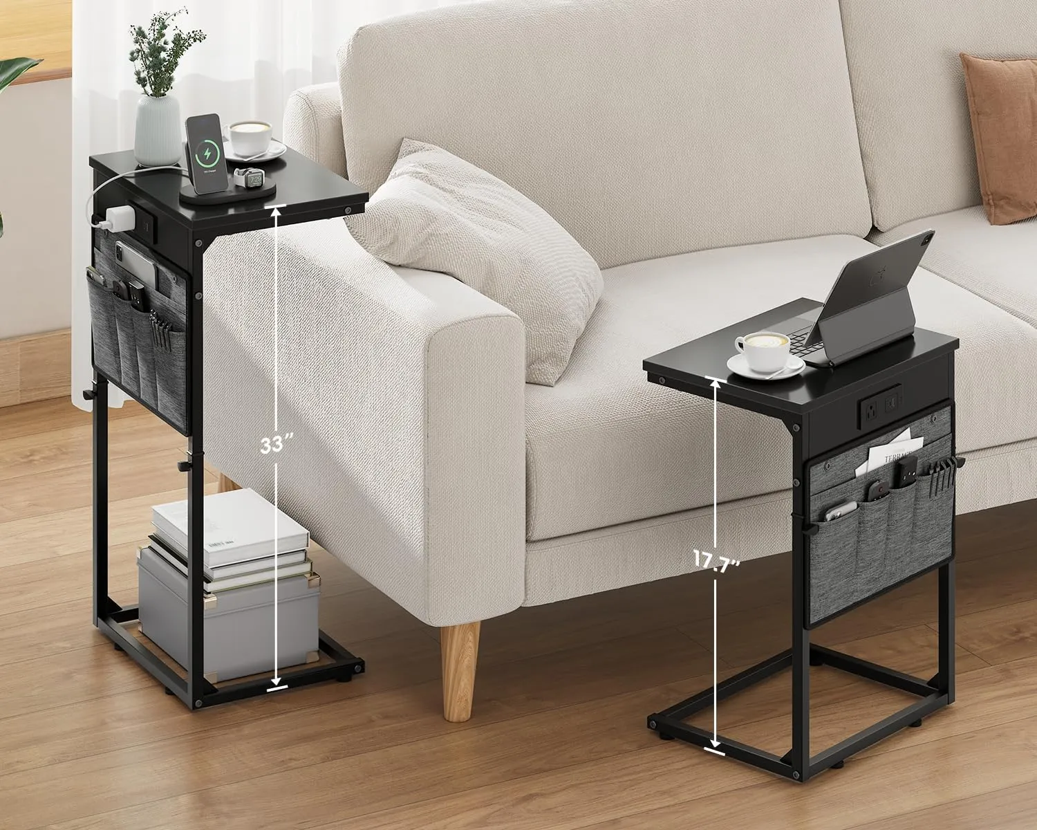 Vagusicc C Shaped End Table with Charging Station, Adjustable Height Side Table for Couch, Small Sofa Table Laptop Couch Desk, Slide Under Sofa TV Tray Tall Arm C Tables for Living Room Bedroom, Black