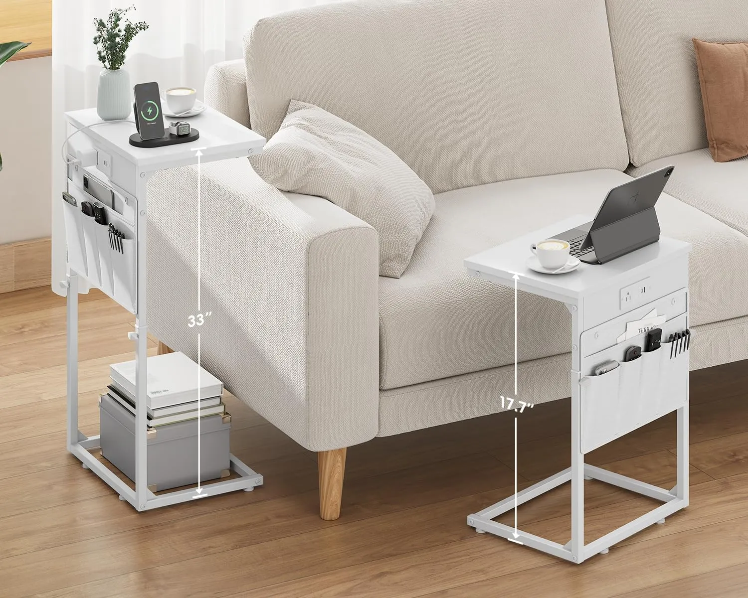 Vagusicc C Shaped End Table with Charging Station, Adjustable Height Side Table for Couch, Sofa Table Laptop Couch Side Tables, Slide Under Sofa TV Tray Arm C Tables for Living Room Bedroom, White