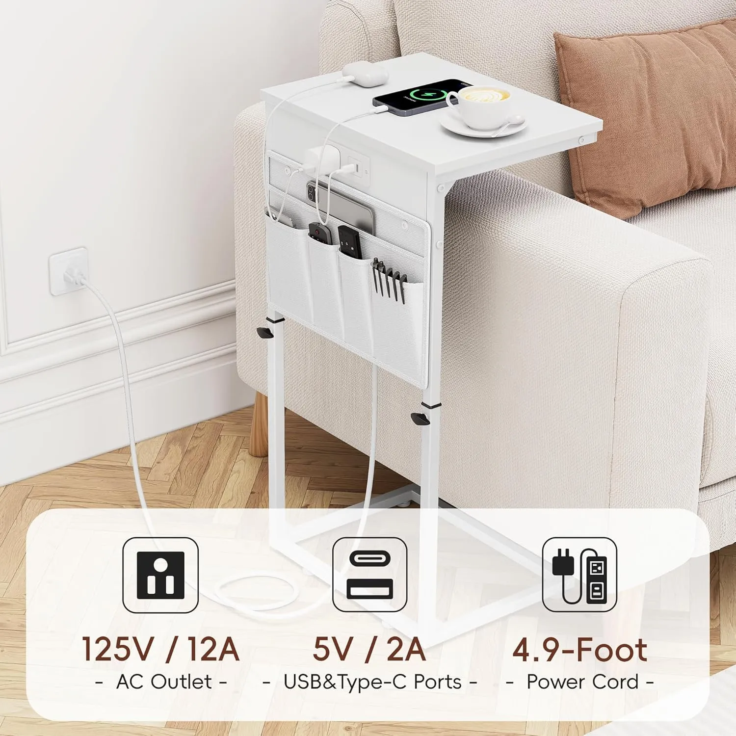 Vagusicc C Shaped End Table with Charging Station, Adjustable Height Side Table for Couch, Sofa Table Laptop Couch Side Tables, Slide Under Sofa TV Tray Arm C Tables for Living Room Bedroom, White