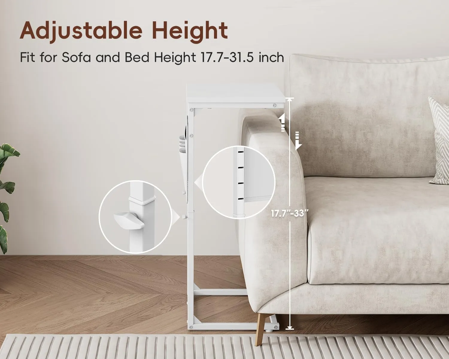 Vagusicc C Shaped End Table with Charging Station, Adjustable Height Side Table for Couch, Sofa Table Laptop Couch Side Tables, Slide Under Sofa TV Tray Arm C Tables for Living Room Bedroom, White