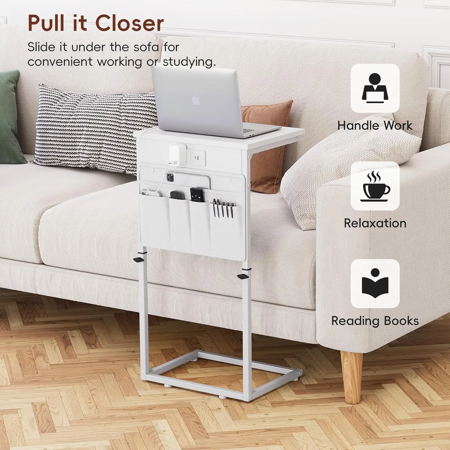 Vagusicc C Shaped End Table with Charging Station, Adjustable Height Side Table for Couch, Sofa Table Laptop Couch Side Tables, Slide Under Sofa TV Tray Arm C Tables for Living Room Bedroom, White