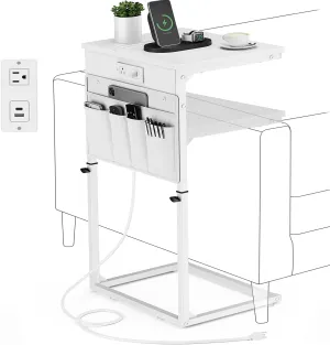 Vagusicc C Shaped End Table with Charging Station, Adjustable Height Side Table for Couch, Sofa Table Laptop Couch Side Tables, Slide Under Sofa TV Tray Arm C Tables for Living Room Bedroom, White