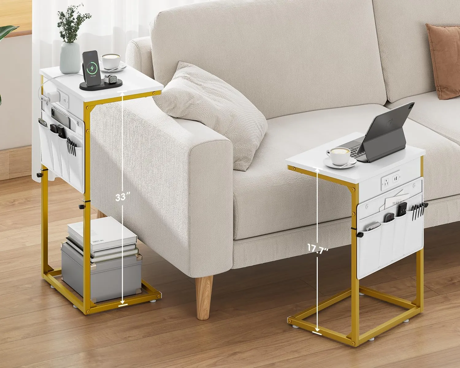 Vagusicc C Shaped End Table with Charging Station, Adjustable Height Side Table for Couch, Sofa Tables Laptop Couch Side Desk, Slide Under Sofa TV Tray Arm C Table for Living Room Bedroom, Golden