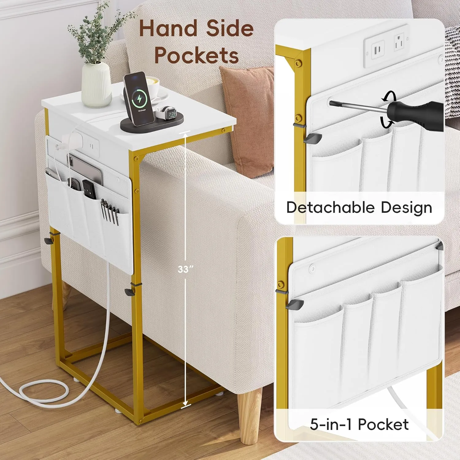 Vagusicc C Shaped End Table with Charging Station, Adjustable Height Side Table for Couch, Sofa Tables Laptop Couch Side Desk, Slide Under Sofa TV Tray Arm C Table for Living Room Bedroom, Golden