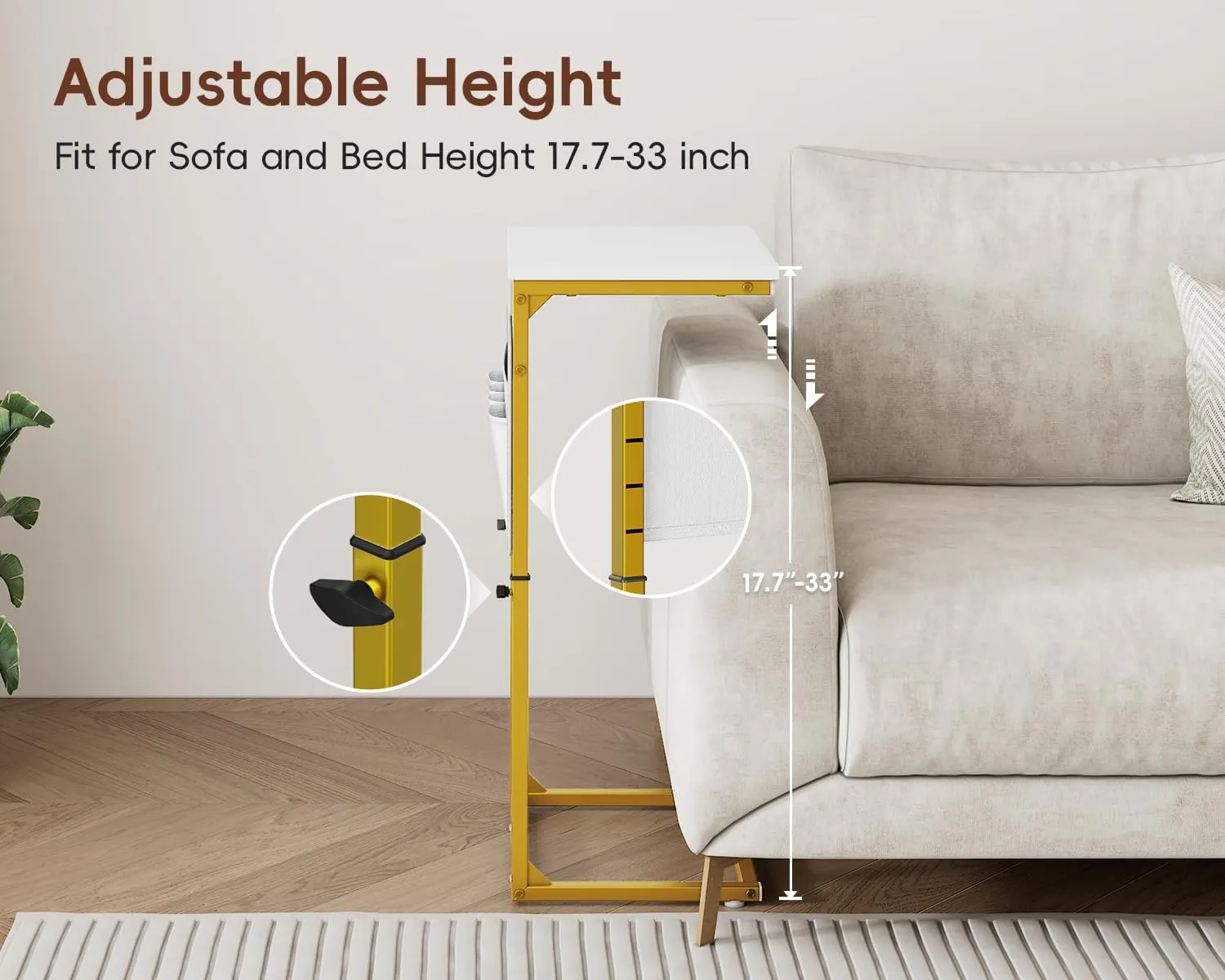 Vagusicc C Shaped End Table with Charging Station, Adjustable Height Side Table for Couch, Sofa Tables Laptop Couch Side Desk, Slide Under Sofa TV Tray Arm C Table for Living Room Bedroom, Golden