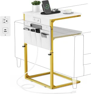 Vagusicc C Shaped End Table with Charging Station, Adjustable Height Side Table for Couch, Sofa Tables Laptop Couch Side Desk, Slide Under Sofa TV Tray Arm C Table for Living Room Bedroom, Golden