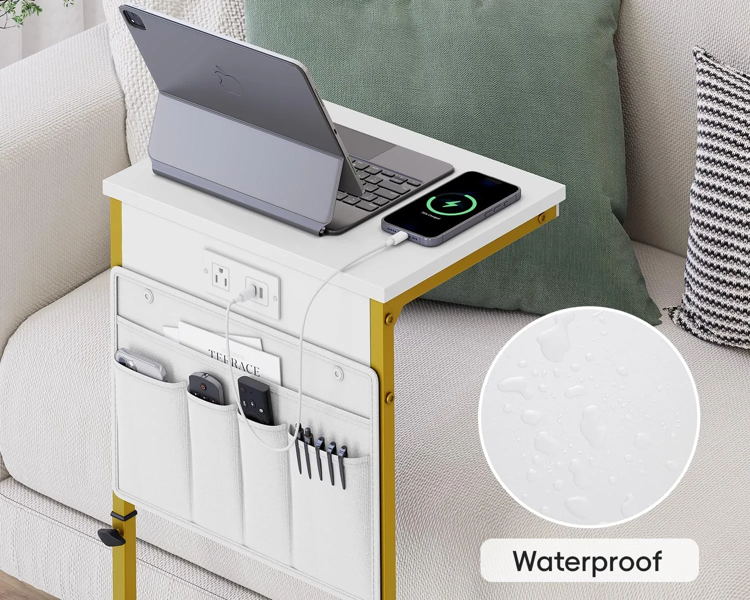 Vagusicc C Shaped End Table with Charging Station, Adjustable Height Side Table for Couch, Sofa Tables Laptop Couch Side Desk, Slide Under Sofa TV Tray Arm C Table for Living Room Bedroom, Golden