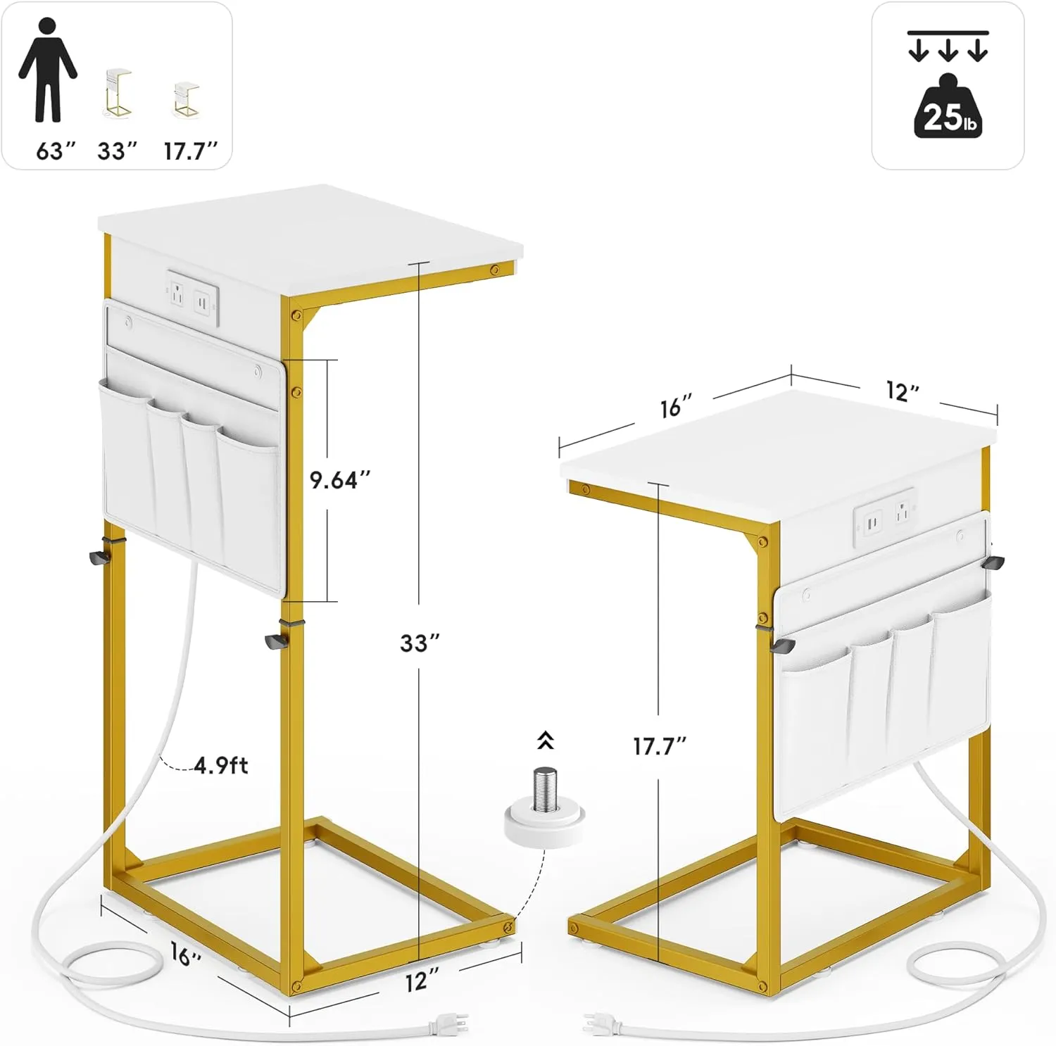 Vagusicc C Shaped End Table with Charging Station, Adjustable Height Side Table for Couch, Sofa Tables Laptop Couch Side Desk, Slide Under Sofa TV Tray Arm C Table for Living Room Bedroom, Golden