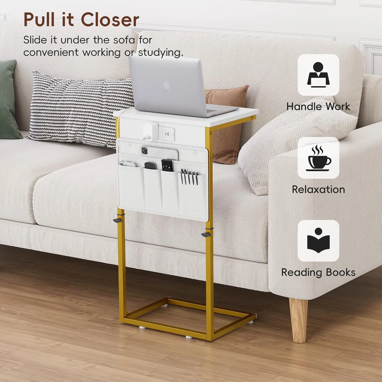 Vagusicc C Shaped End Table with Charging Station, Adjustable Height Side Table for Couch, Sofa Tables Laptop Couch Side Desk, Slide Under Sofa TV Tray Arm C Table for Living Room Bedroom, Golden