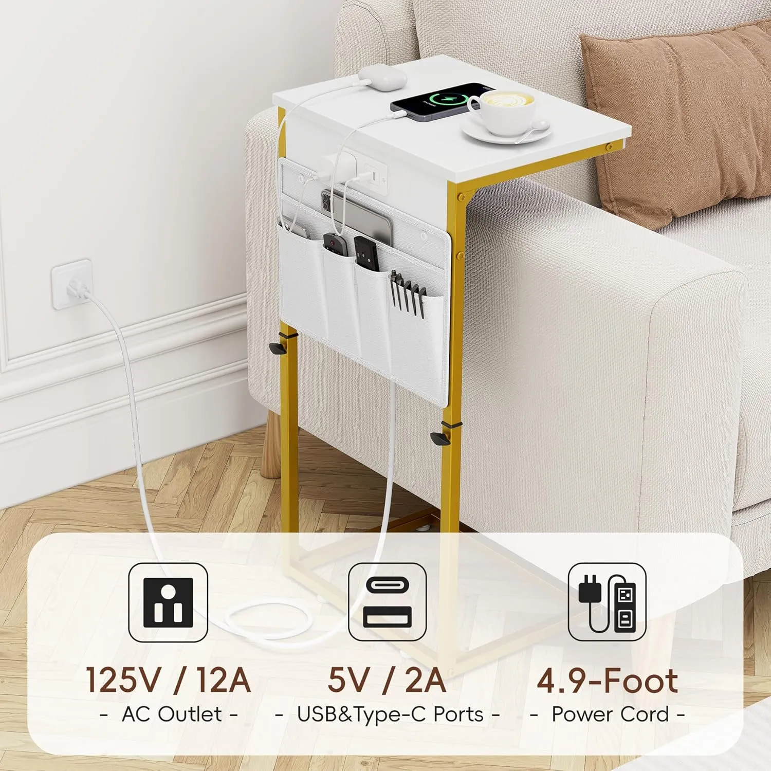 Vagusicc C Shaped End Table with Charging Station, Adjustable Height Side Table for Couch, Sofa Tables Laptop Couch Side Desk, Slide Under Sofa TV Tray Arm C Table for Living Room Bedroom, Golden