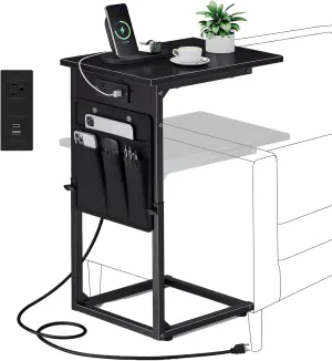 Vagusicc C Shaped End Table with Charging Station, Adjustable Height Side Table for Sofa, Couch Side Table for Small Spaces, Slide Under Sofa TV Tray Snack Arm Tables for Living Room, Bedroom, Black