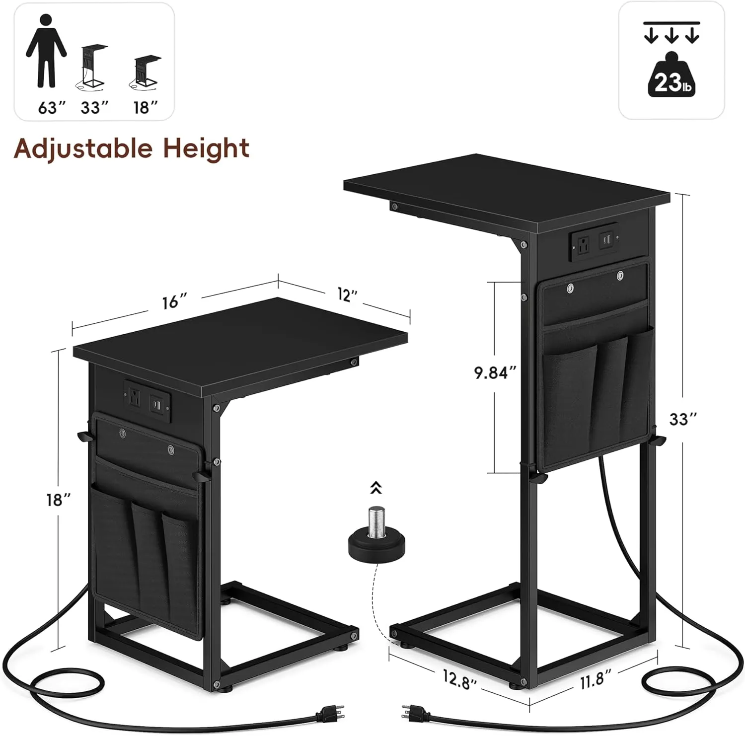 Vagusicc C Shaped End Table with Charging Station, Adjustable Height Side Table for Sofa, Couch Side Table for Small Spaces, Slide Under Sofa TV Tray Snack Arm Tables for Living Room, Bedroom, Black