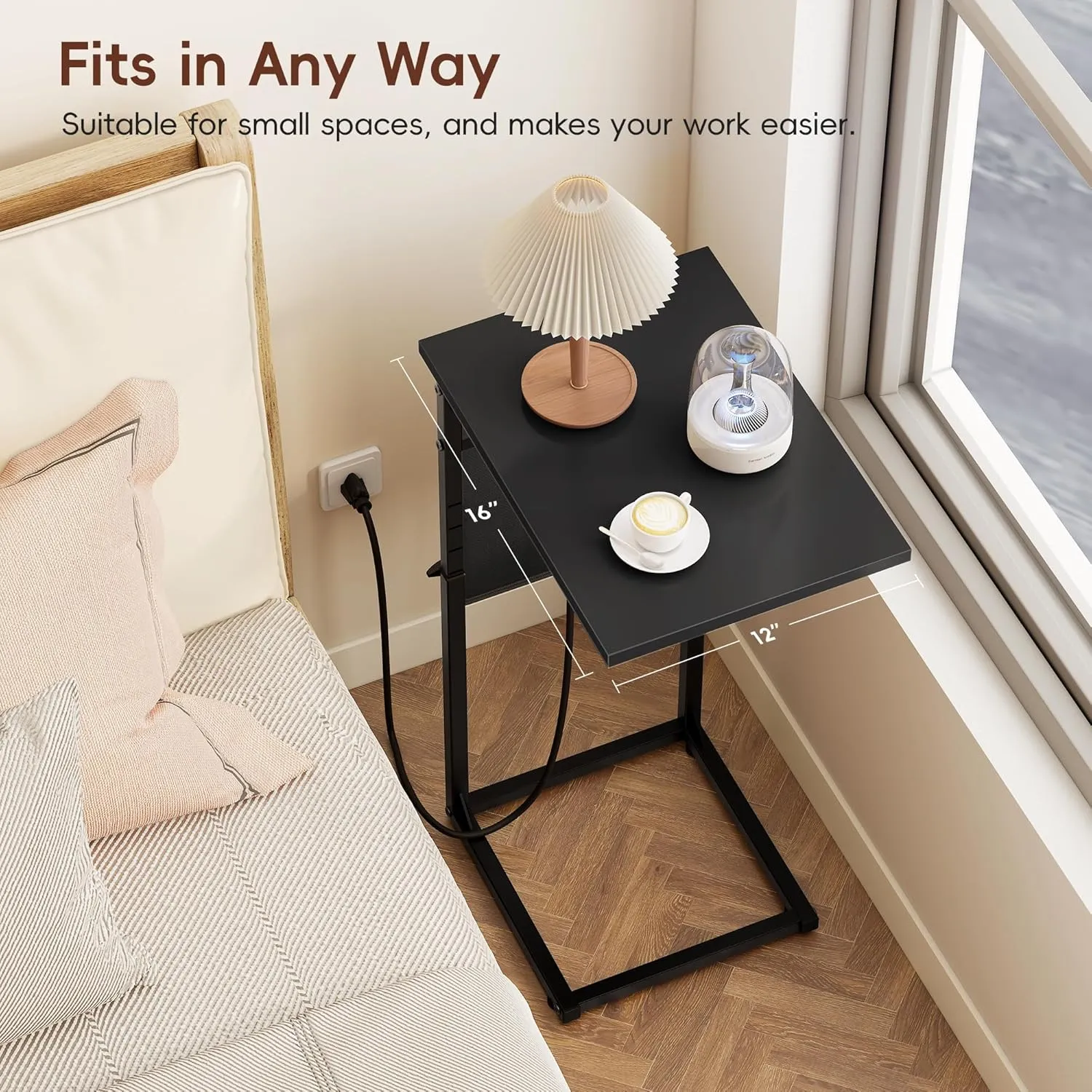 Vagusicc C Shaped End Table with Charging Station, Adjustable Height Side Table for Sofa, Couch Side Table for Small Spaces, Slide Under Sofa TV Tray Snack Arm Tables for Living Room, Bedroom, Black