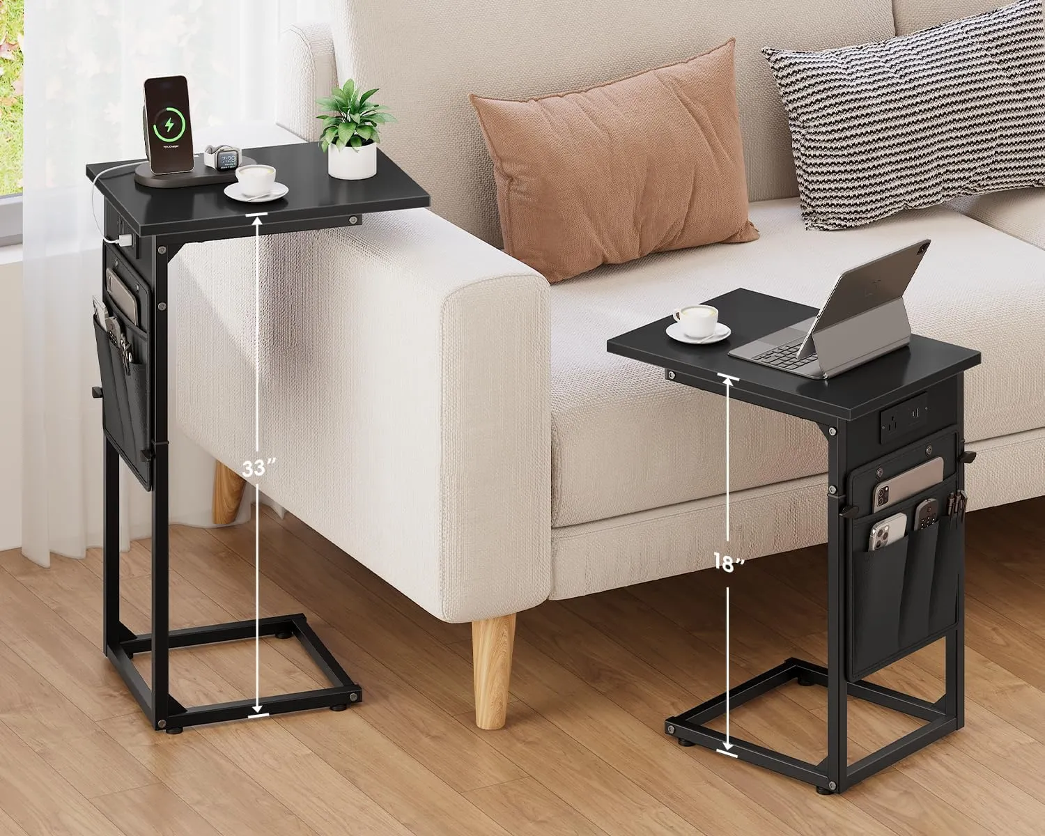 Vagusicc C Shaped End Table with Charging Station, Adjustable Height Side Table for Sofa, Couch Side Table for Small Spaces, Slide Under Sofa TV Tray Snack Arm Tables for Living Room, Bedroom, Black