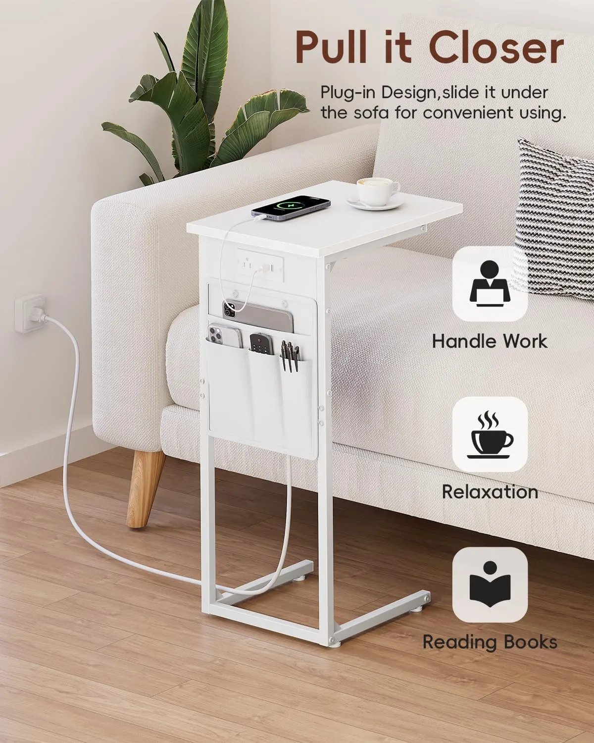 Vagusicc C Shaped End Table with Charging Station, Small Side Table for Couch, Couch Side Tables C Table, Slide Under Sofa Recliner Table TV Tray Arm Tables for Living Room, Bedroom, Bedside, White