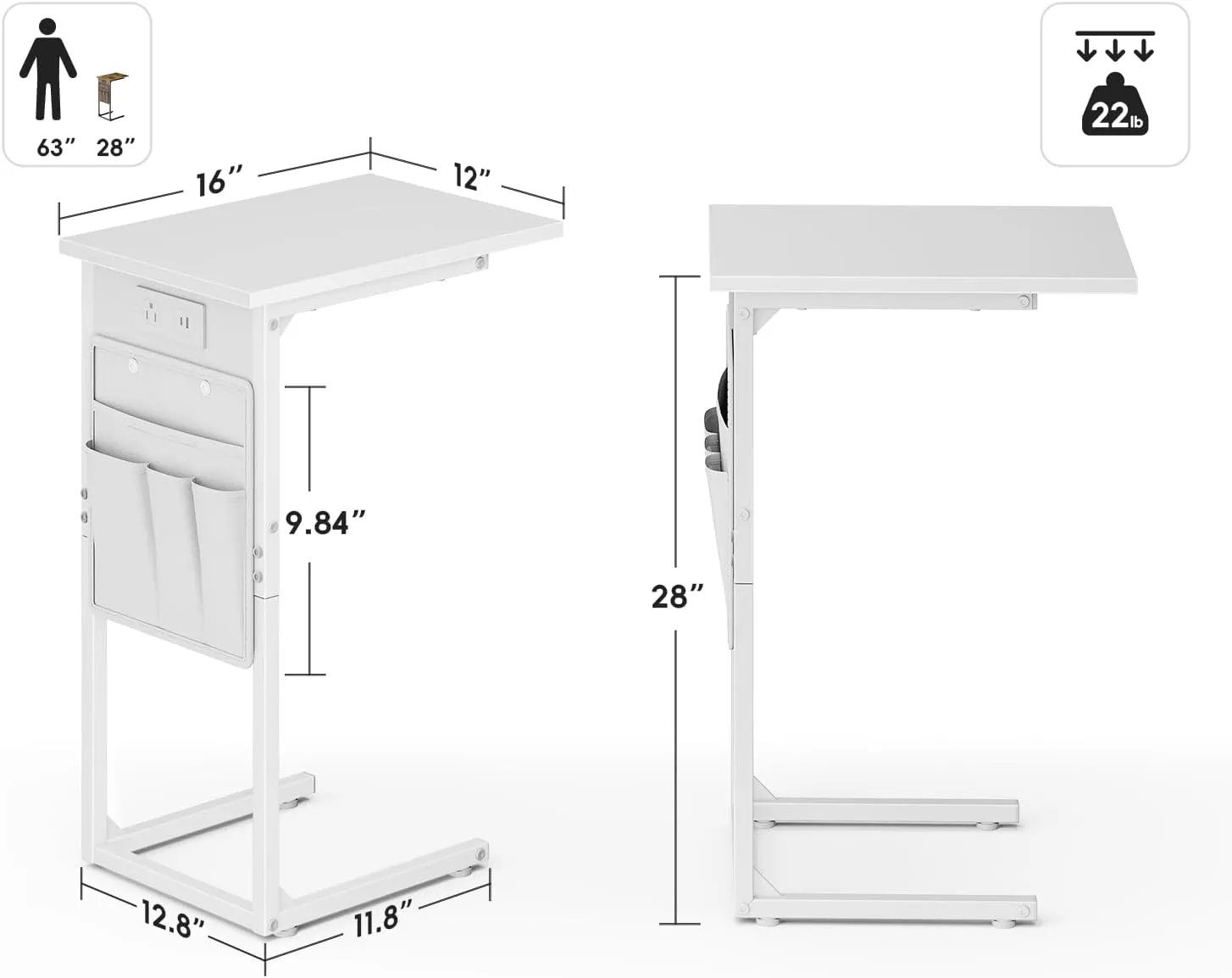 Vagusicc C Shaped End Table with Charging Station, Small Side Table for Couch, Couch Side Tables C Table, Slide Under Sofa Recliner Table TV Tray Arm Tables for Living Room, Bedroom, Bedside, White