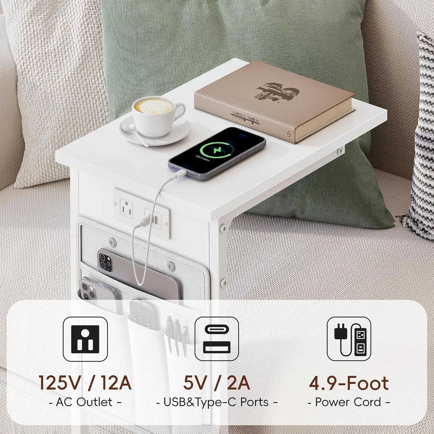 Vagusicc C Shaped End Table with Charging Station, Small Side Table for Couch, Couch Side Tables C Table, Slide Under Sofa Recliner Table TV Tray Arm Tables for Living Room, Bedroom, Bedside, White