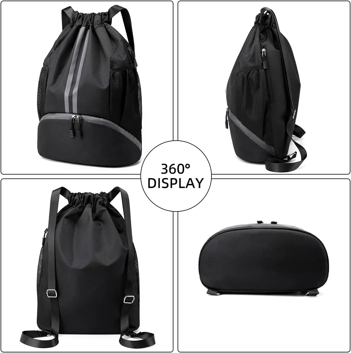 Valleycomfy Sports Drawstring Backpack - Water Resistant String Bag with Side Mesh Pockets Shoe Compartment Gym Backpack for Women & Men Navy Blue